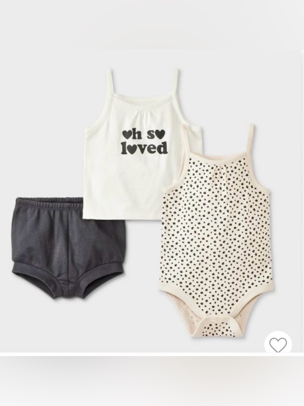 Cat & Jack Tank ❤️H S❤️ LOVED Shorts & Dot Bodysuit 3-Pc Set - Cream, Black 3-6m